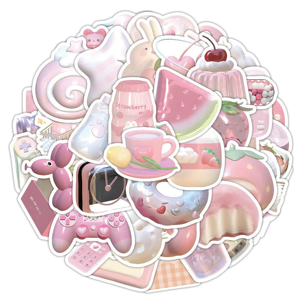 Realistic 3D decorative stickers in pink girl heart designs, 63 pieces per pack