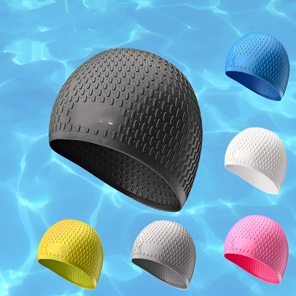 Silicone swimming cap for adults shown in one of nine solid colour options.