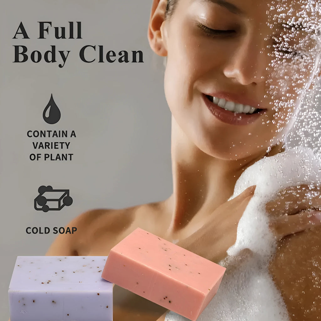 Handmade essential oil soap bar with frosted texture in multiple fragrance options