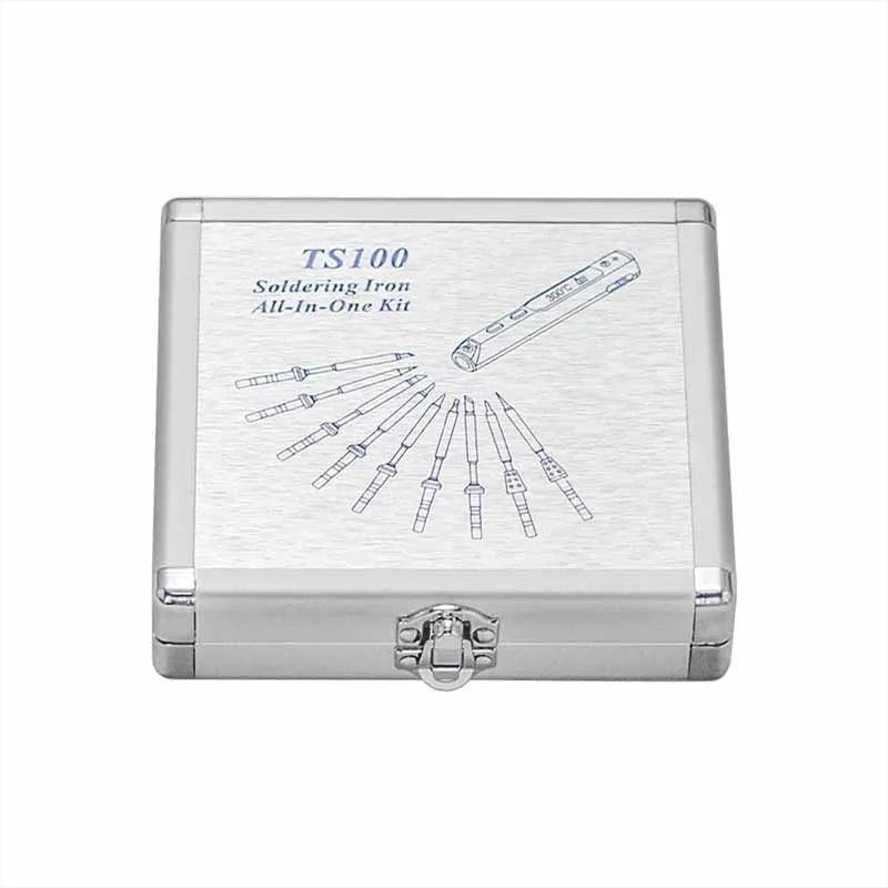 Silver aluminium storage box for a soldering iron with dimensions 154mm by 147mm