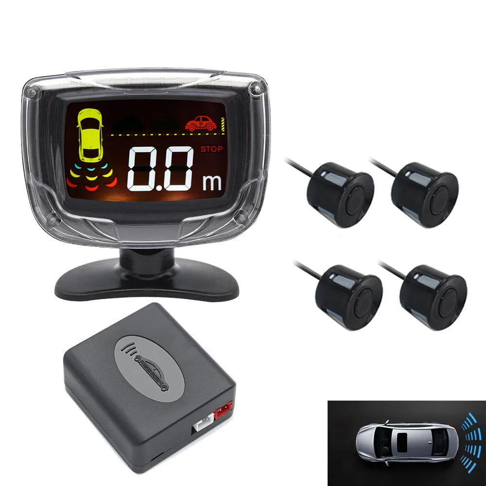 Wireless vehicle reversing sensor kit with digital display unit, four ultrasonic probes, and installation tools.