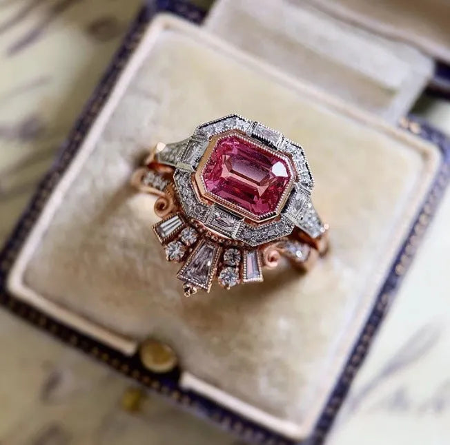 Rose gold geometric women's fashion ring with European retro styling on finger