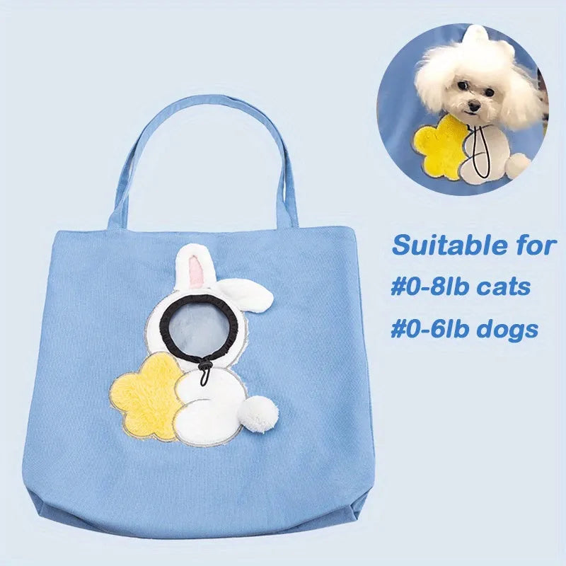 Canvas pet carrier bag with safety zippers, adjustable side opening, and 3D animal pattern in blue, grey, or yellow.