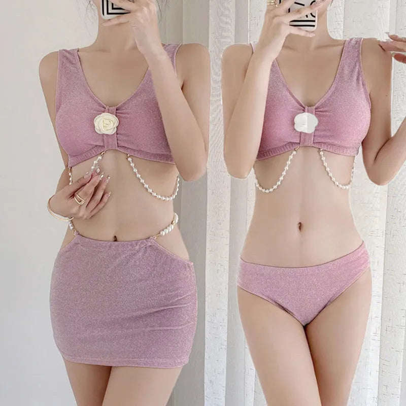 Women's black three-piece polyester bikini swimsuit with high elasticity fabric for swimming