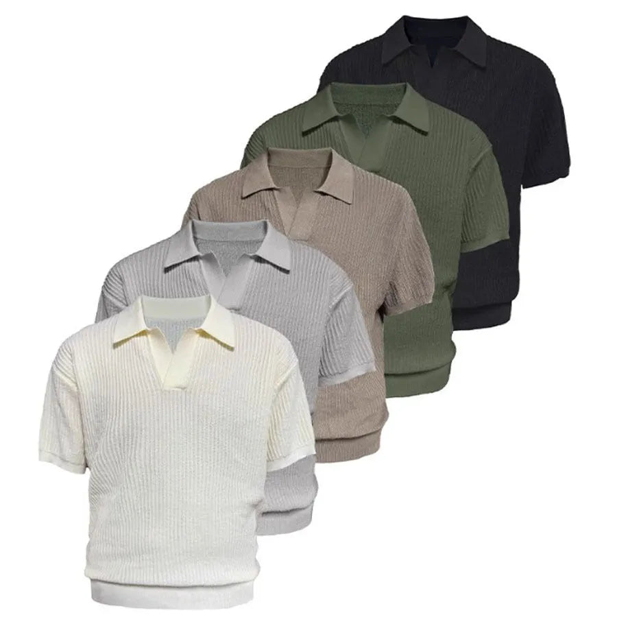 Creamy-white loose-fit polo shirt with striped collar and short sleeves, made from thin ice silk fabric.