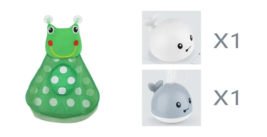 Whale-shaped electric bath toy spraying water with coloured LED lights, shown with base unit on blue background