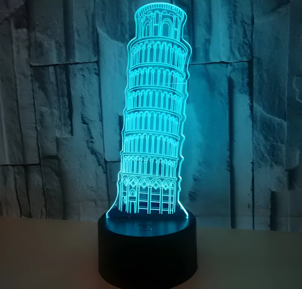 Leaning Tower of Pisa 3D acrylic night light glowing in blue on a black ABS base.