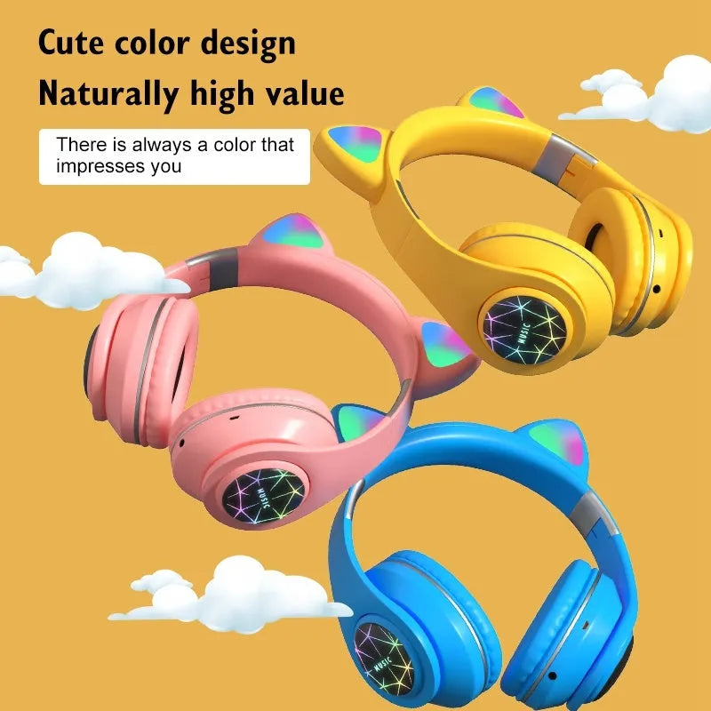 Cat ear style wireless Bluetooth sports headset in black, blue, green, pink, white, or yellow colour.