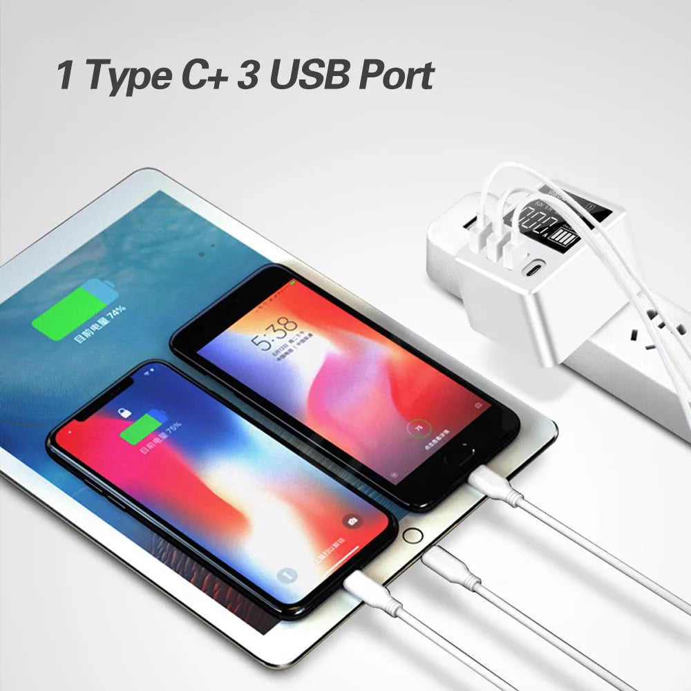 White 4-port travel charger with LED display showing charging information