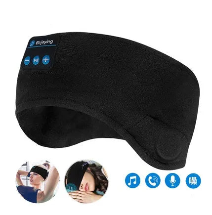 Black Bluetooth sleep mask with built-in speakers showing soft fabric construction and streamlined design