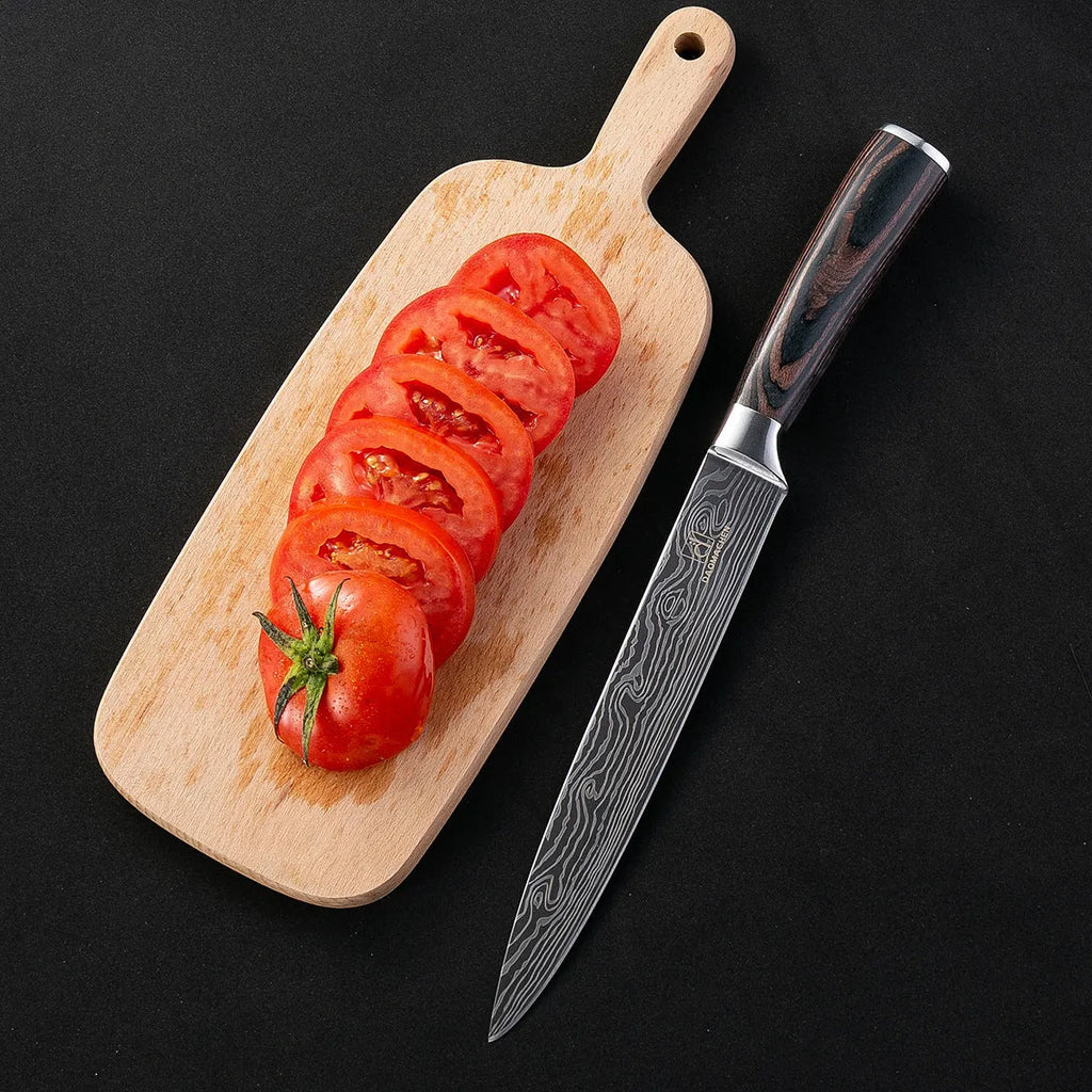 7CR17 stainless steel chef knife with laser Damascus pattern, 30cm long with colour steel handle