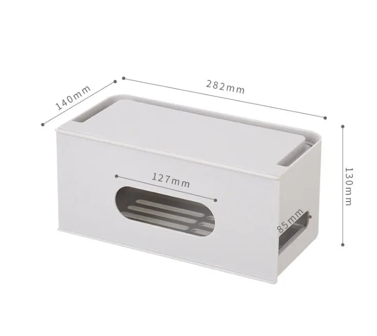 Plastic wireless router storage box in grey or white, wall-mountable cable organiser for home office