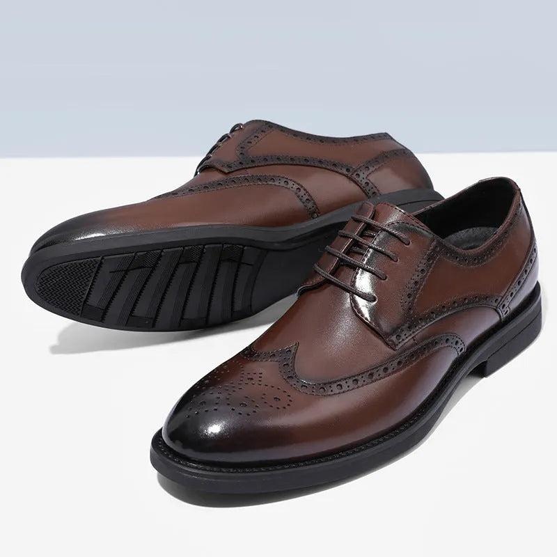 Men's black and brown PU leather brogue shoes for formal business wear.