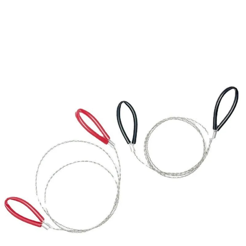 Four-share stainless steel wire survival saw with leather hand case showing 68cm cutting line