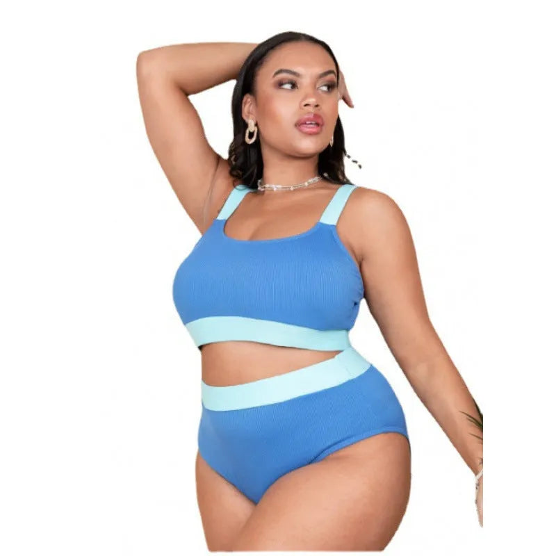 Women's solid colour bikini set with high-waist briefs and a split-leg swimsuit top.