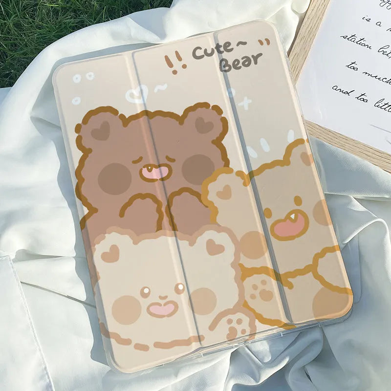 Cartoon rabbit silicone tri-fold protective case for iPad on a table