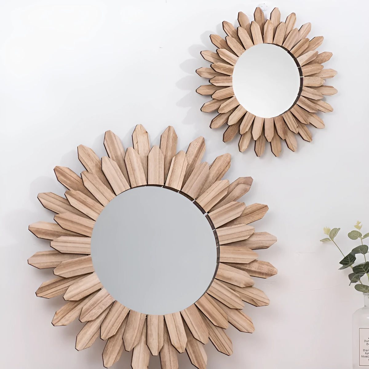 Solid wood European style circular hanging mirror in baked colour with 30cm, 43cm and 50cm diameter options
