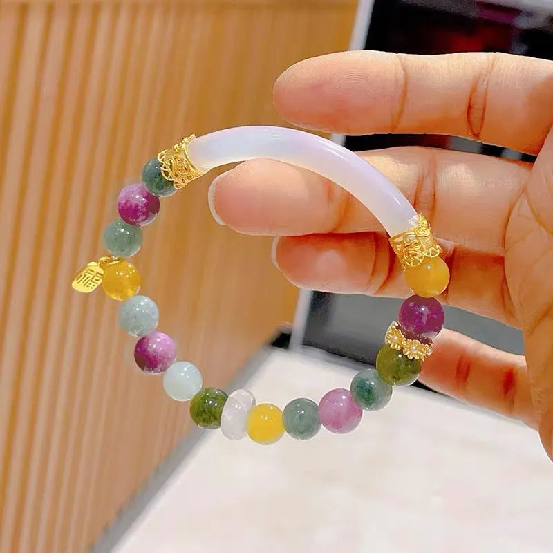Natural tourmaline rainbow coloured half bracelet for women with electroplated finish.