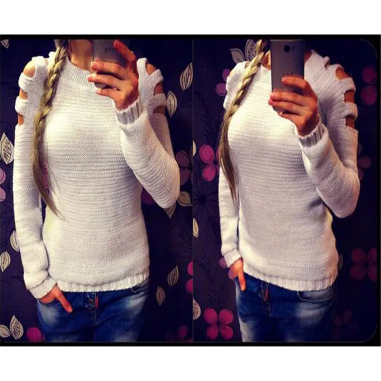 Women's white knitted shirt with hollow-out crochet detail on sleeves and body.