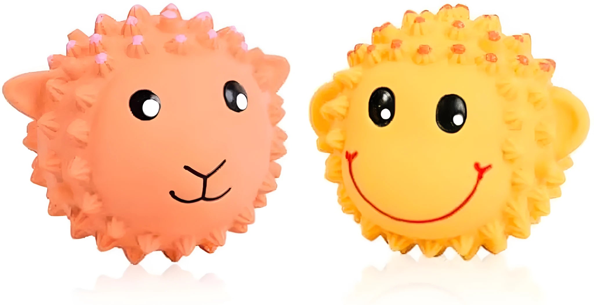 Orange and yellow spiky latex squeaky dog toys showing animal designs and textured surface