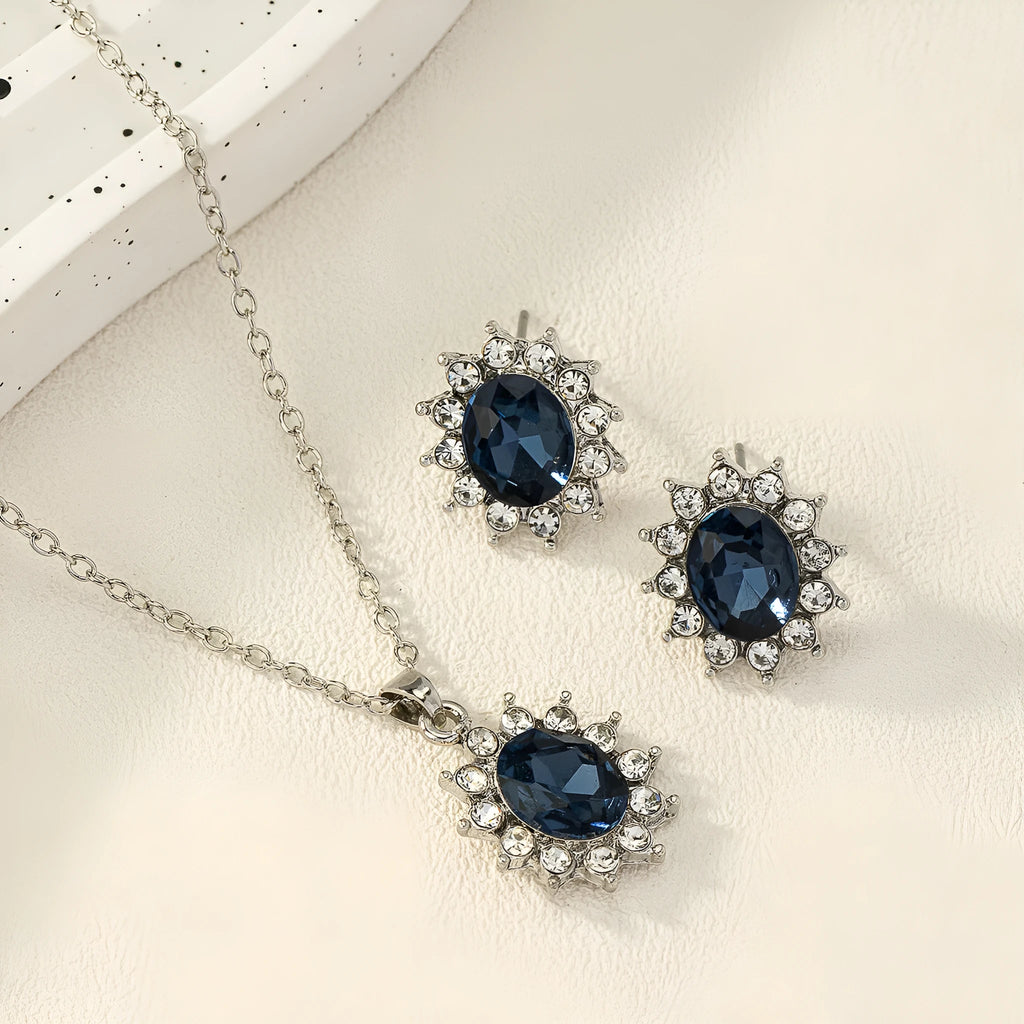 Alloy necklace and earring set with elliptical zircon elements in electroplated colours