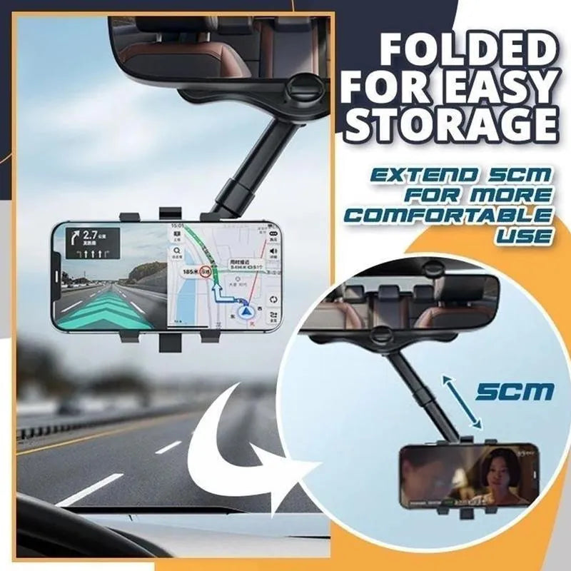Black rearview mirror car phone holder showing 360 rotation and extended telescopic arm