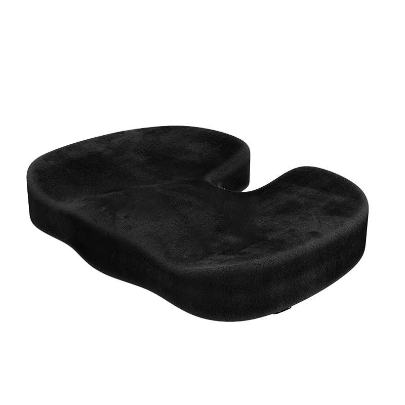 Black flannel U-shaped memory foam seat cushion showing dimensions and tailbone relief design