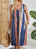 V-neck sleeveless dress with colour block striped pattern in mid-length mid-waist silhouette