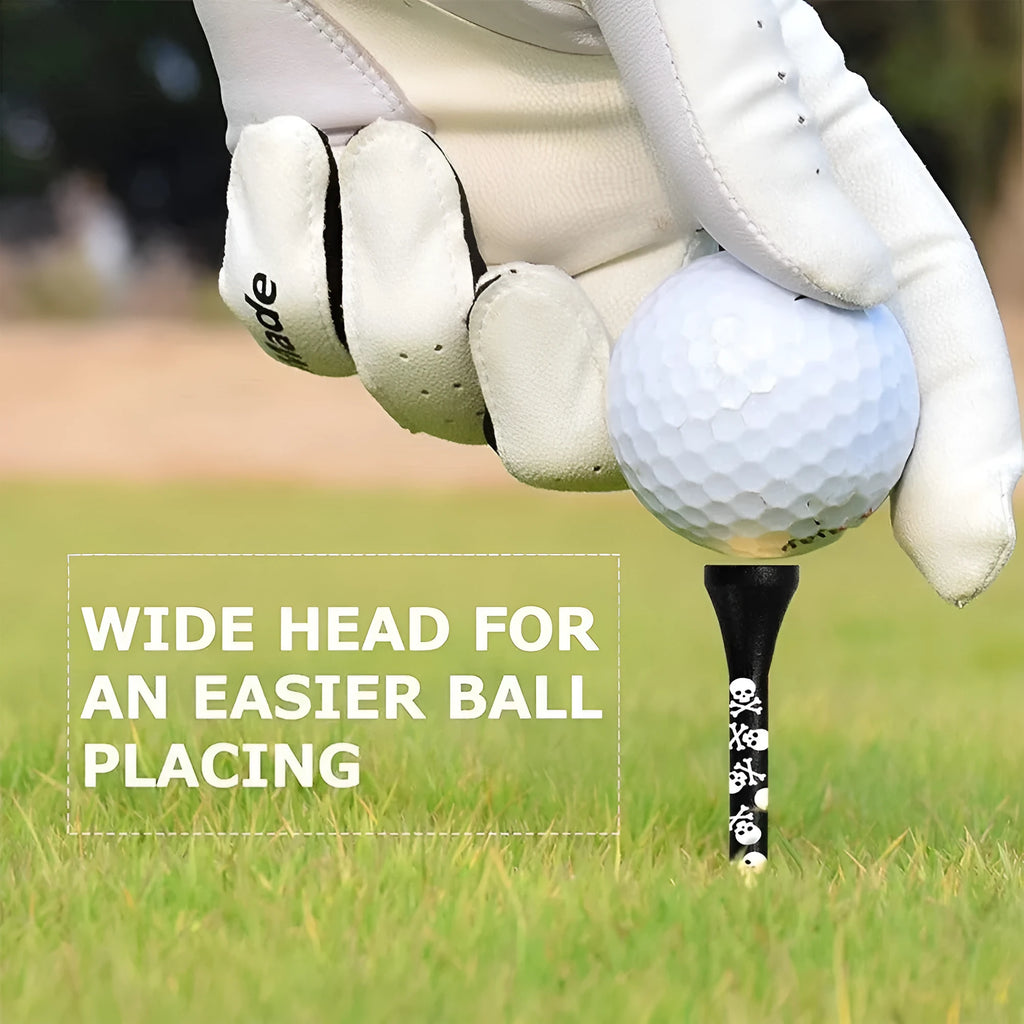 Ten bamboo golf spike dowel pins with black skull print, showing 70mm and 83mm length options.