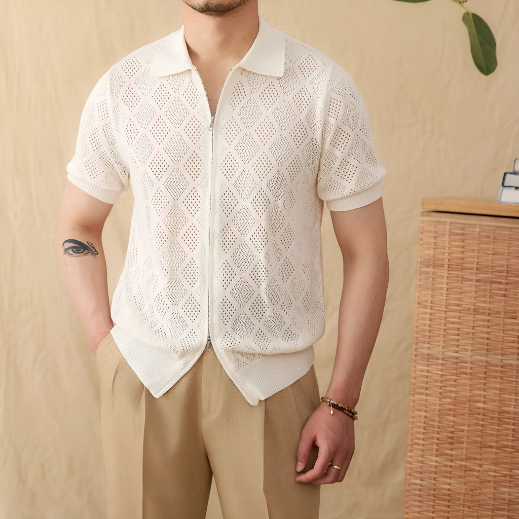 Cotton short sleeve cardigan with zipper front and lapel collar in light brown colour