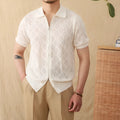 Cotton short sleeve cardigan with zipper front and lapel collar in light brown colour