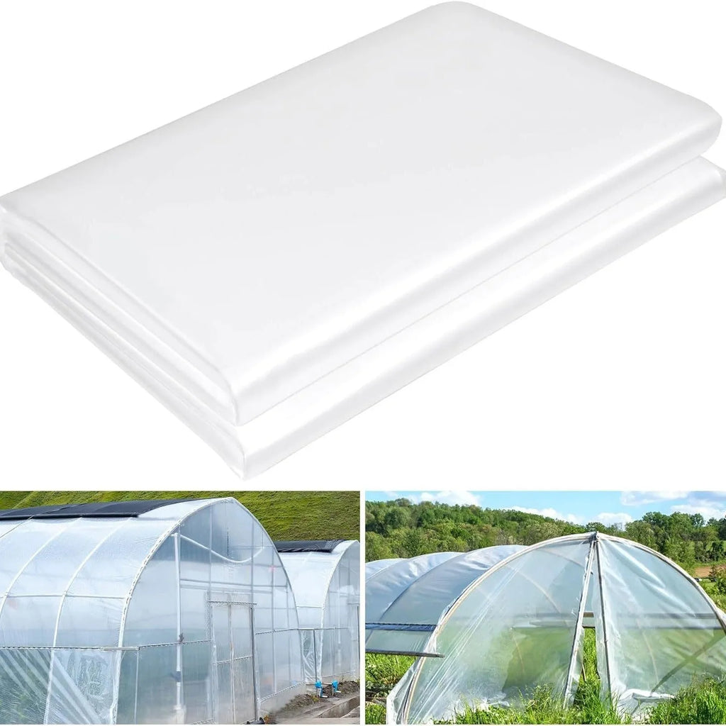 Roll of clear polyethylene plastic film for greenhouse use, labelled 4x8 metres.