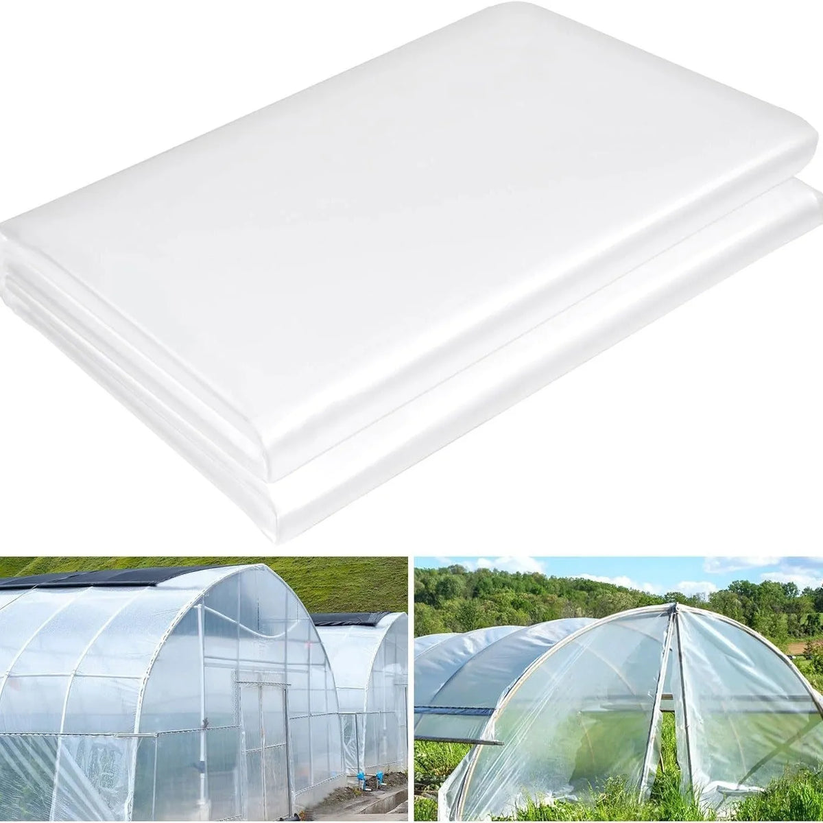 Roll of clear polyethylene plastic film for greenhouse use, labelled 4x8 metres.