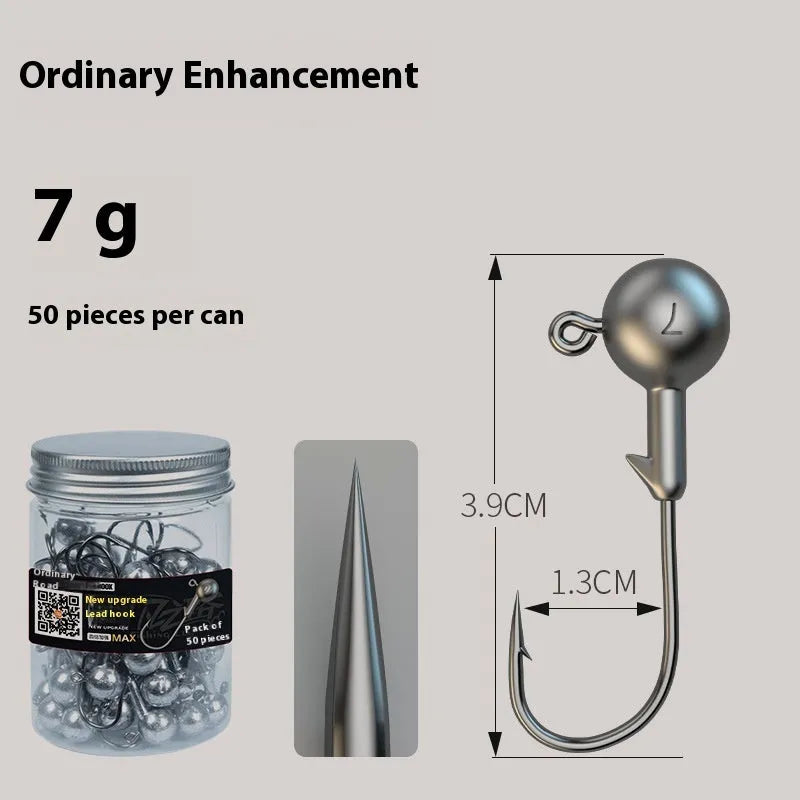 50-piece pack of steel jig fishing hooks with 7-gram lead heads in primary colour
