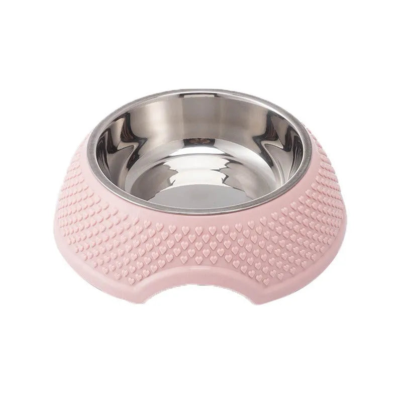 Blue stainless steel pet feeder with four bowls and a non-slip rubber base on a wooden floor.