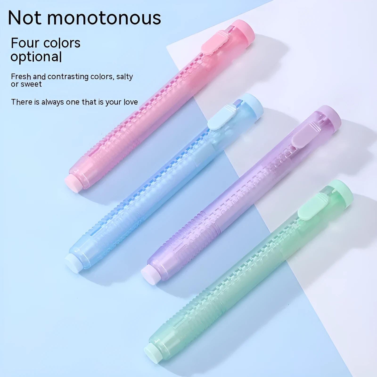 Push type traceless children's automatic eraser in four colours: blue, green, pink, purple