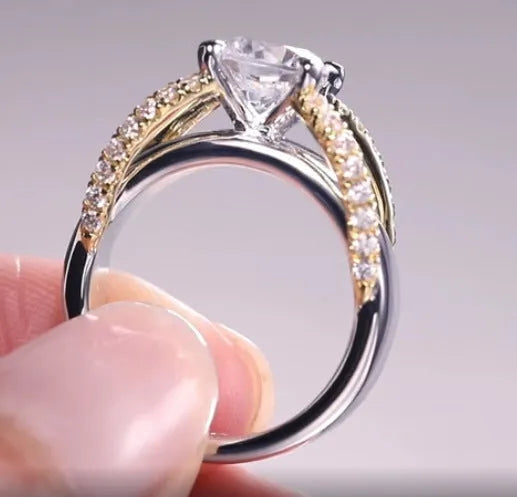 Geometric two-tone brass ring with nickel-free white steel plating on model hand