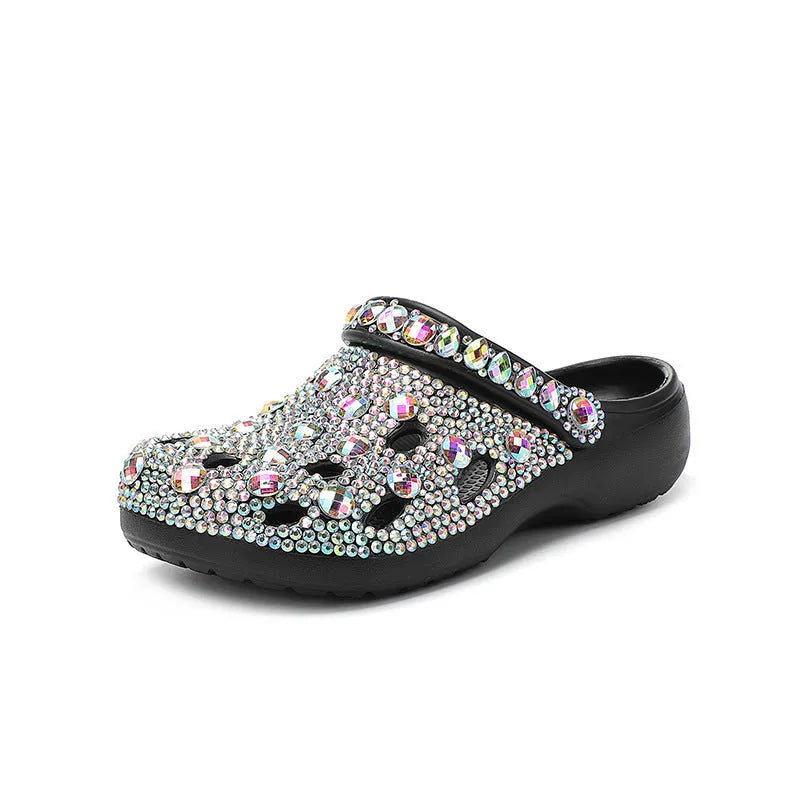 Black women's platform sandals with rhinestone details on holes, EVA material