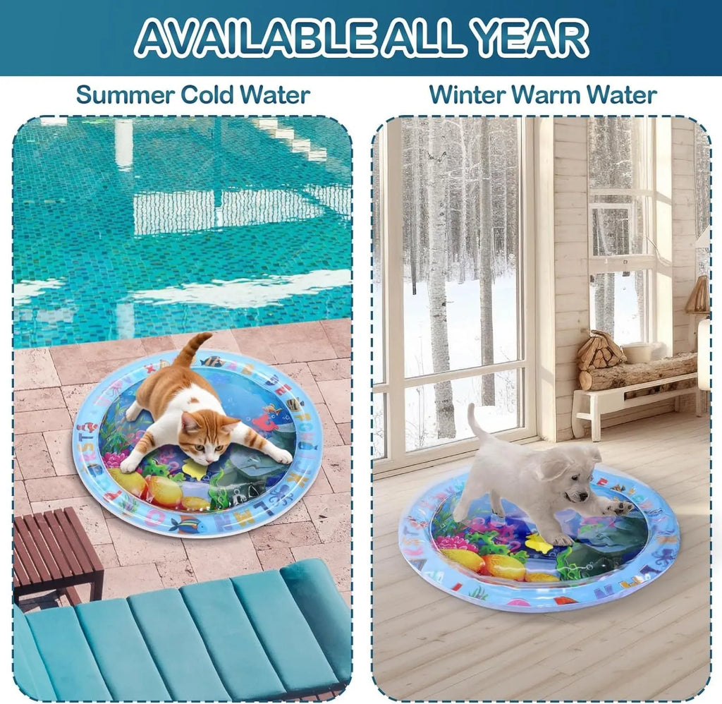 Large blue ocean-themed water playmat for cats and dogs with floating fish toys inside
