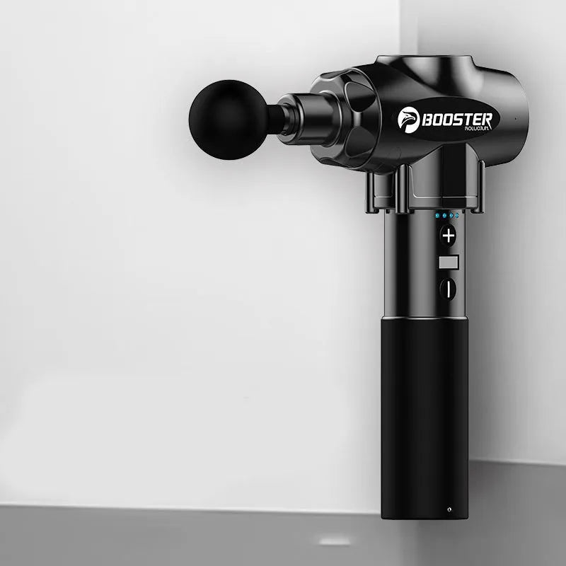 Black and white muscle massage gun with lithium battery and adjustable speed control