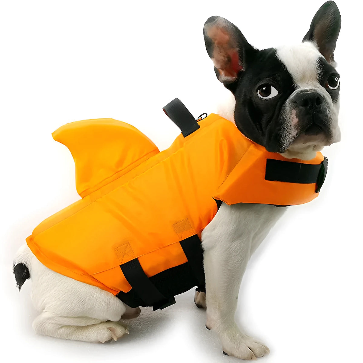 Shark-shaped dog life vest in blue or orange, cloth pet life jacket with buckle, sizes XS to XXL.