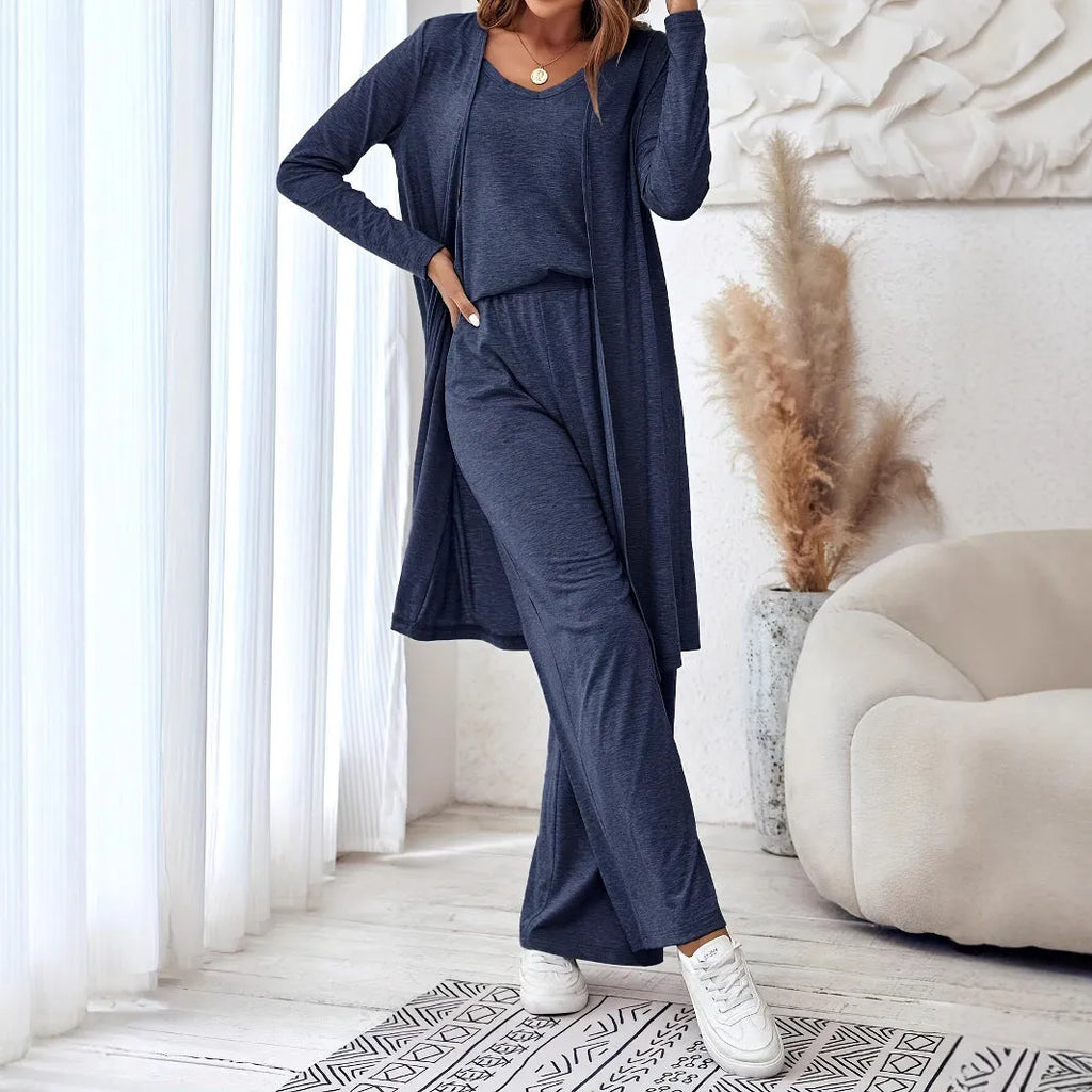 Blue women's three-piece co-ord set showing sling top, long cardigan, and trousers