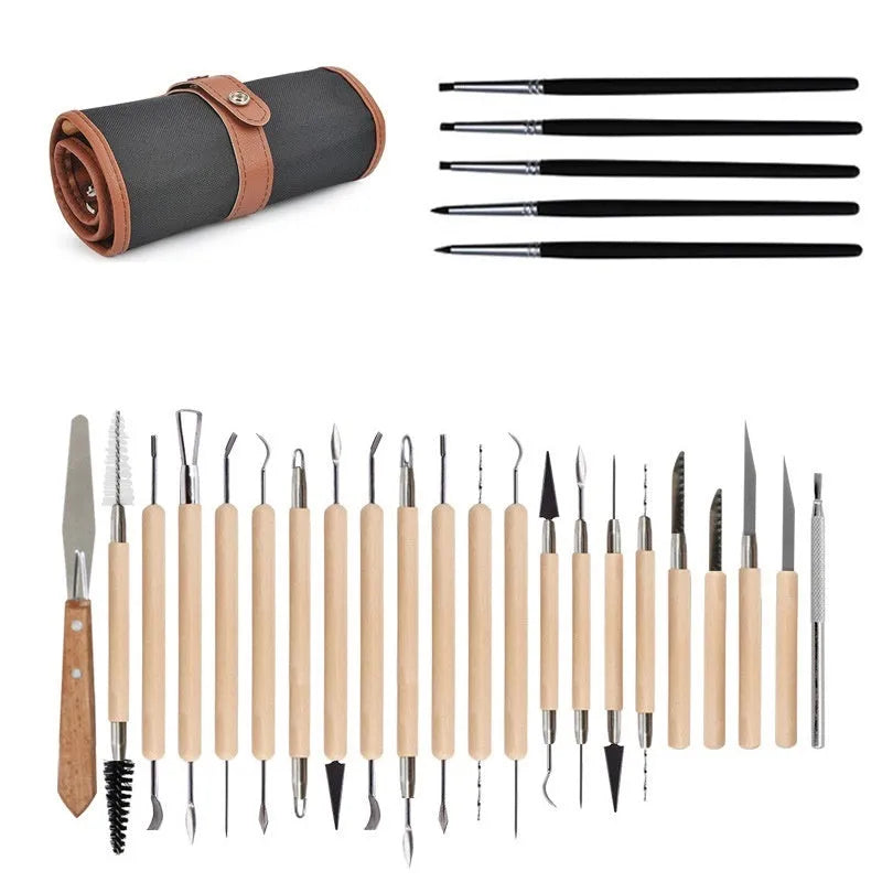 27-piece pottery clay tool set including stainless steel, wooden, and plastic sculpting tools for DIY modelling