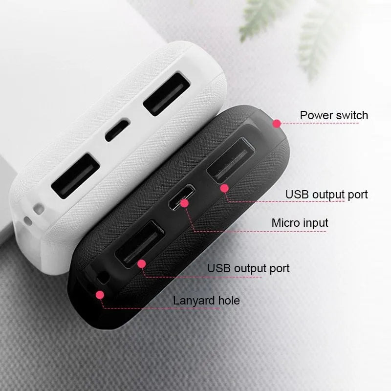 Black and white ultra-thin power bank showing 90x63x22mm dimensions with multiple USB charging ports