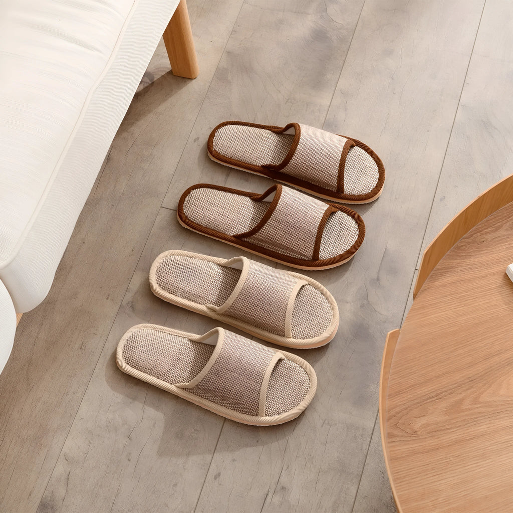 Women's open-toe linen slippers in light brown colour with a thickened sole