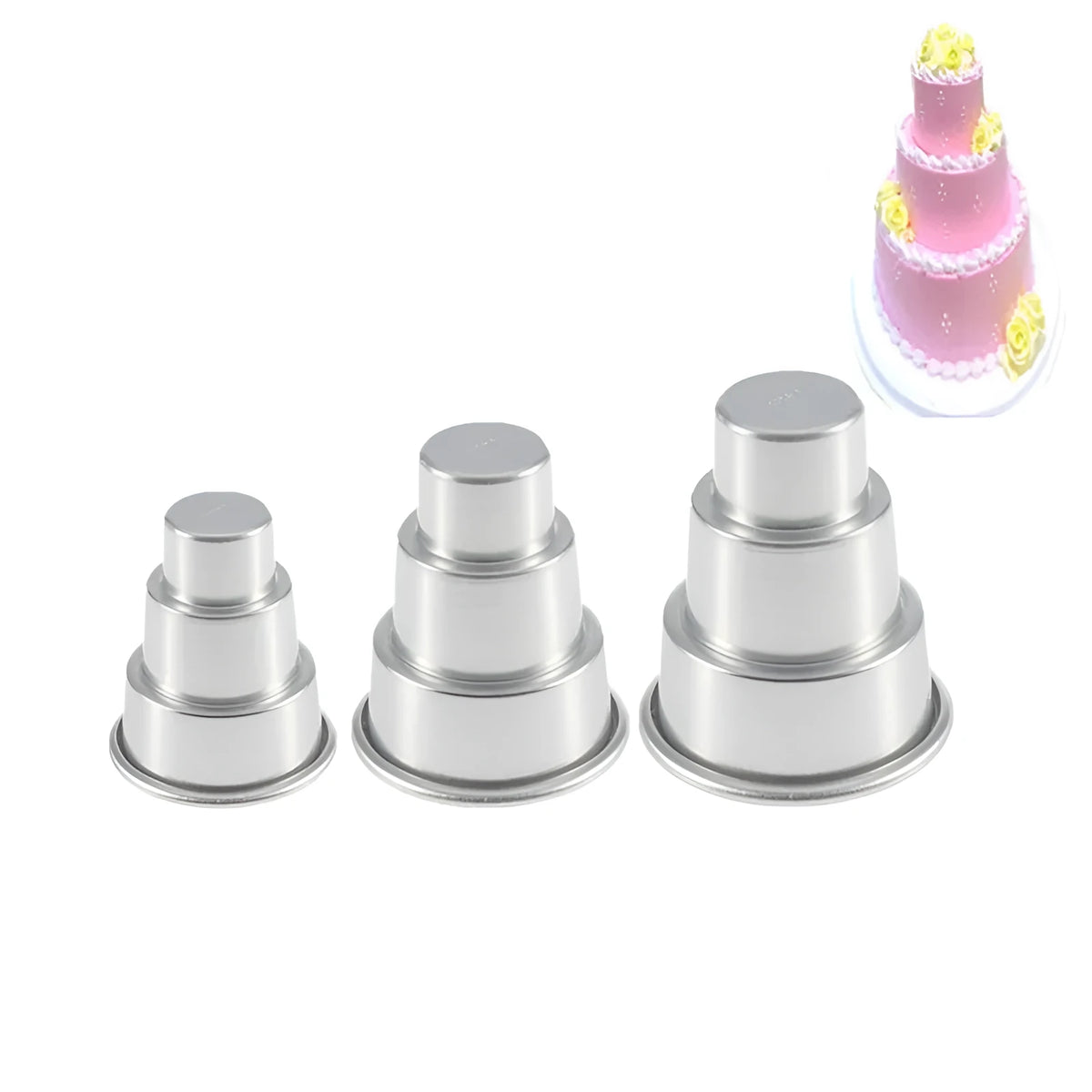 Silver aluminium alloy mini three-layer cake mould set showing large, medium, and small sizes.