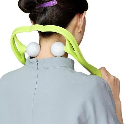 Plastic neck massager with hand roller for trigger point therapy in pink, blue, or green colours with removable heads