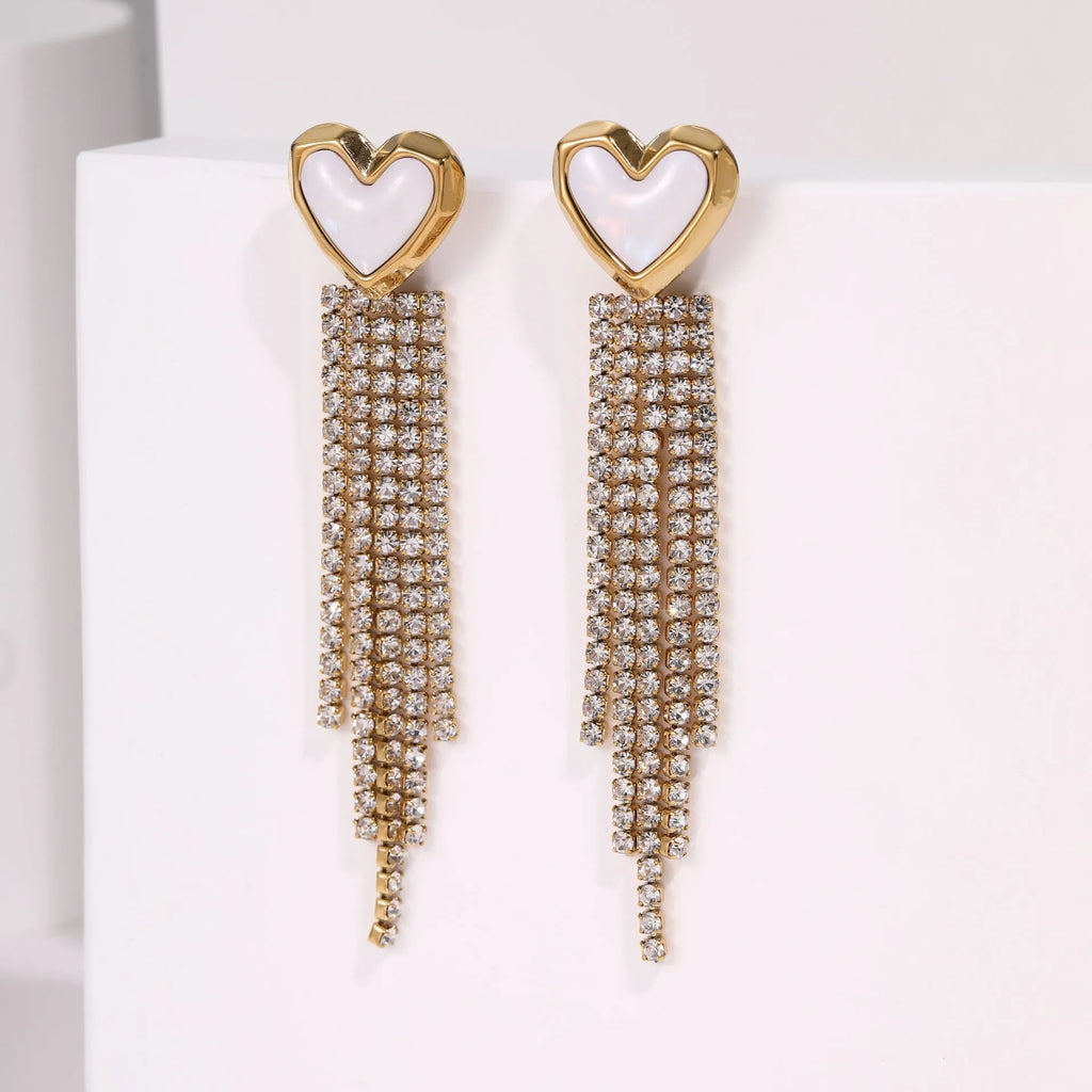 Stainless steel earrings with diamond tassel and heart shapes in 18K gold electroplated finish