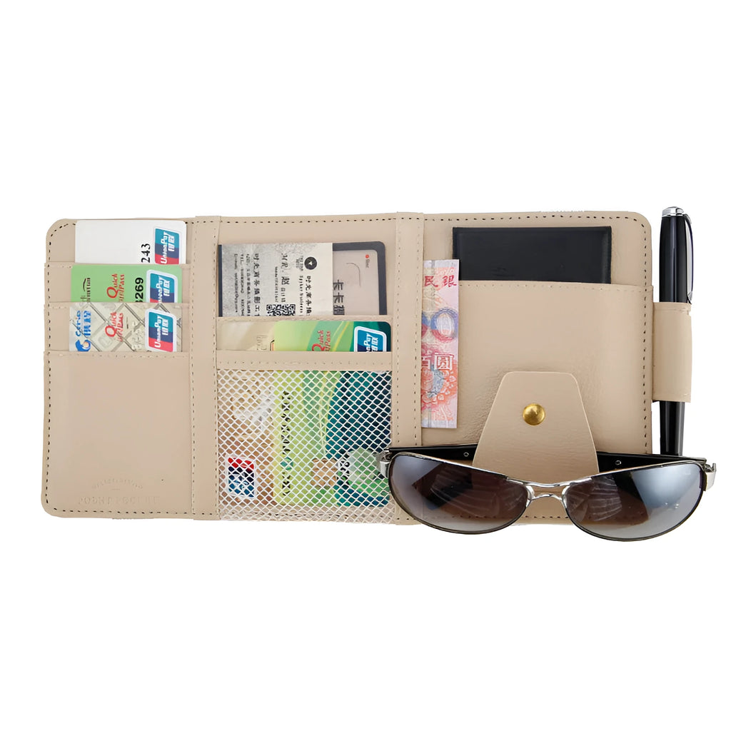 PU leather car sun visor clip organiser 30x14cm holding CD phone glasses and tickets, beige black grey options