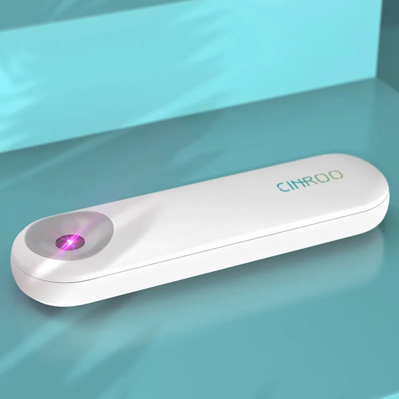White portable UV sterilizer lamp showing compact dimensions of 116mm length with battery capacity and disinfection specifications